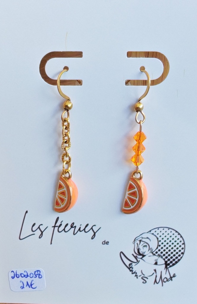 Boucles d'oreilles dorées quartier d'orange toupies PureCrystal Orange fluo