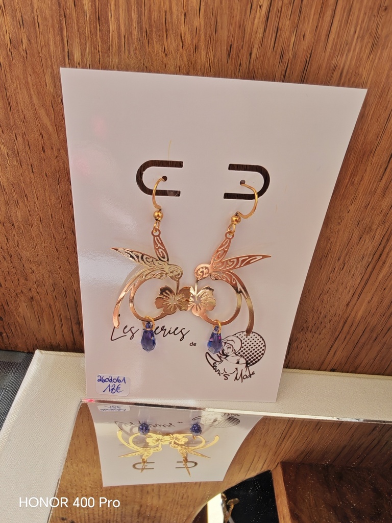 Boucles d'oreilles dorées Colibri goute PureCrystal Tanzanite