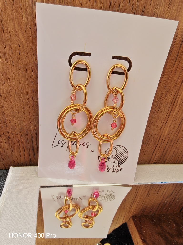Boucles d'oreilles multicercles dorées perles et toupies Rose & Padparadsha