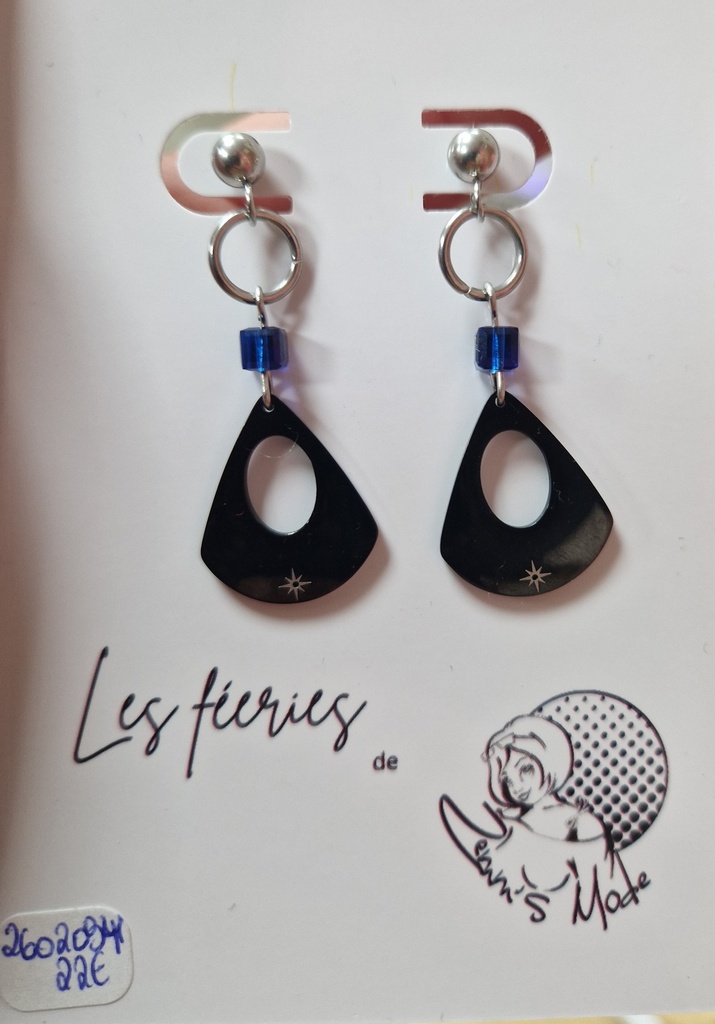 Boucles d'oreilles argentées ronds avec ovales étoilés et carrés Dark Sapphire