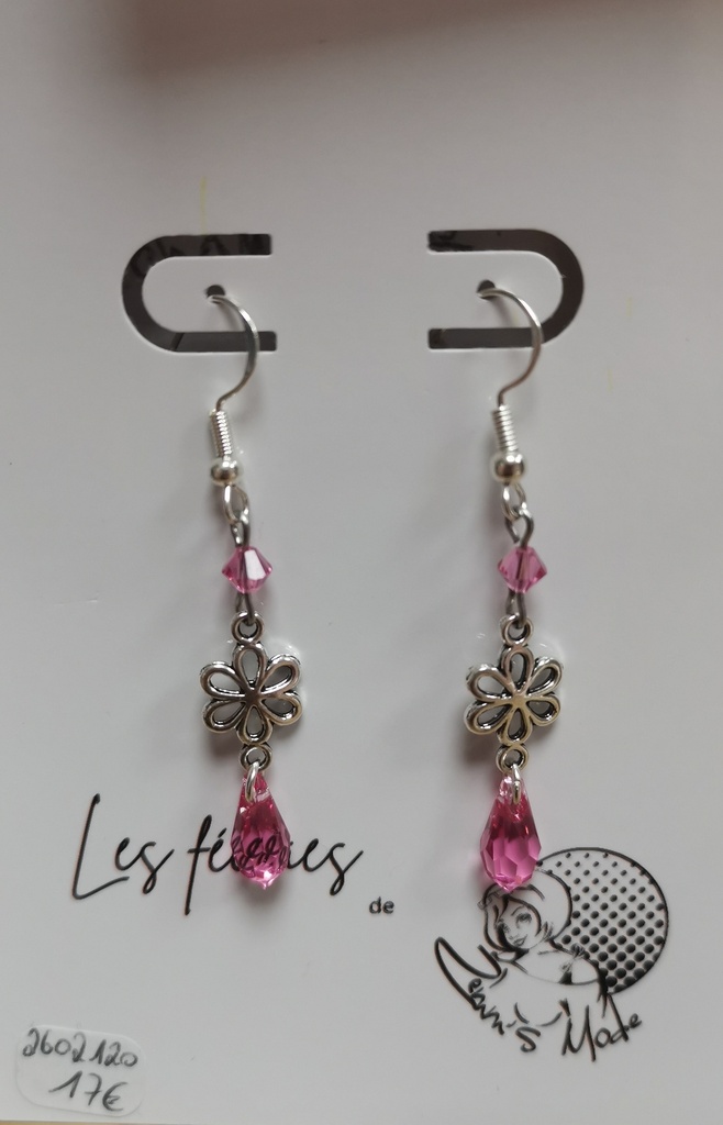 Boucles d'oreilles argentées Fleurs intercalaires Toupies Indian & Goutes Rose