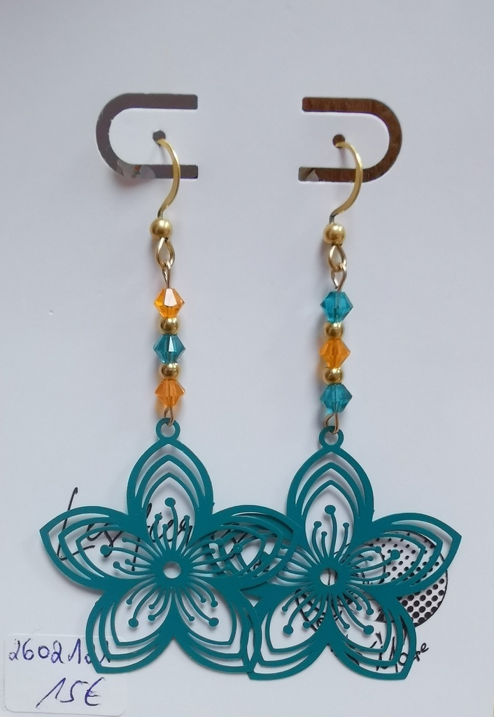 Boucles d'oreilles dorées fleurs ajourées turquoise Toupies Orange fluo & Blue Zircon