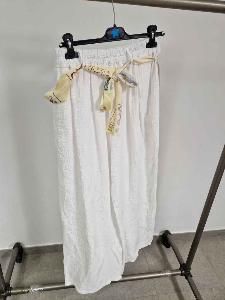 Pantalon fluide gaze de coton + ceinture Blanc
