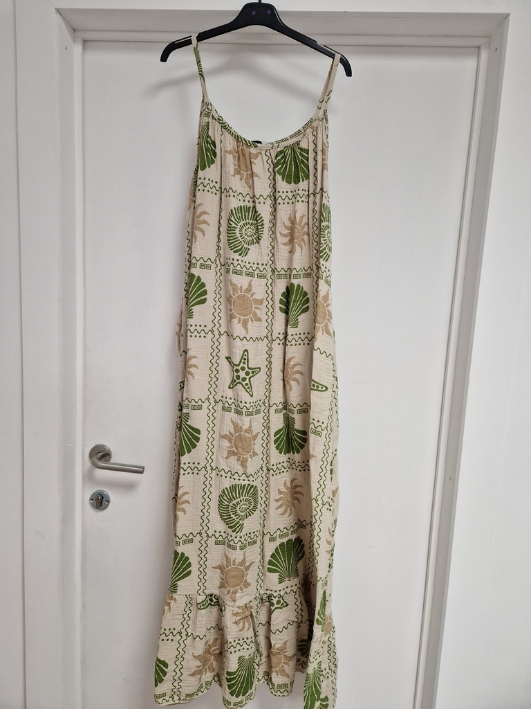 Robe longue imprimée gaze de coton coquillage Beige/Kaki