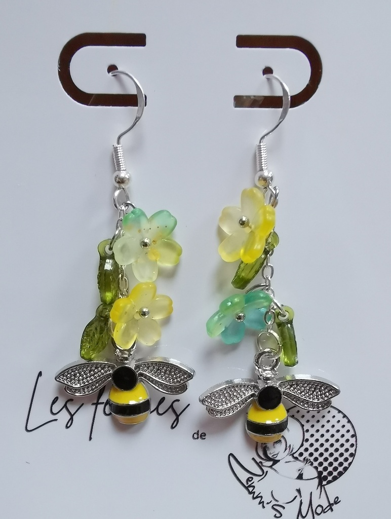Boucles d'oreilles abeilles argentées Fleurs jaune dégradées bleu