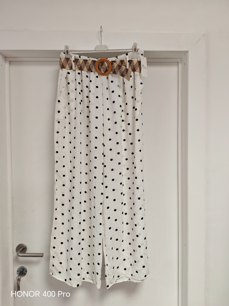 Pantalon fluide blanc à petits pois noir