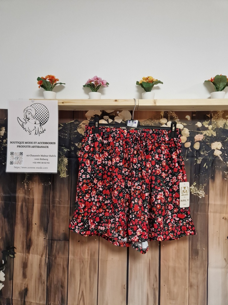 Short fluide noir fleuri rouge