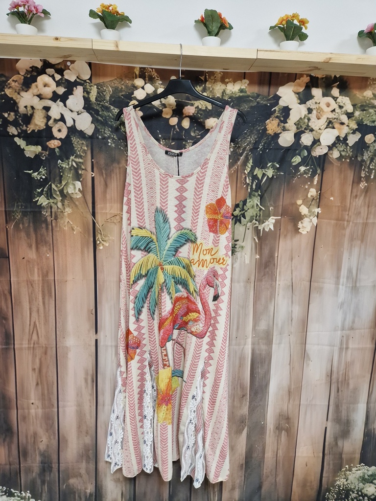 Robe manches Tank pailletée dentelle Flamant rose
