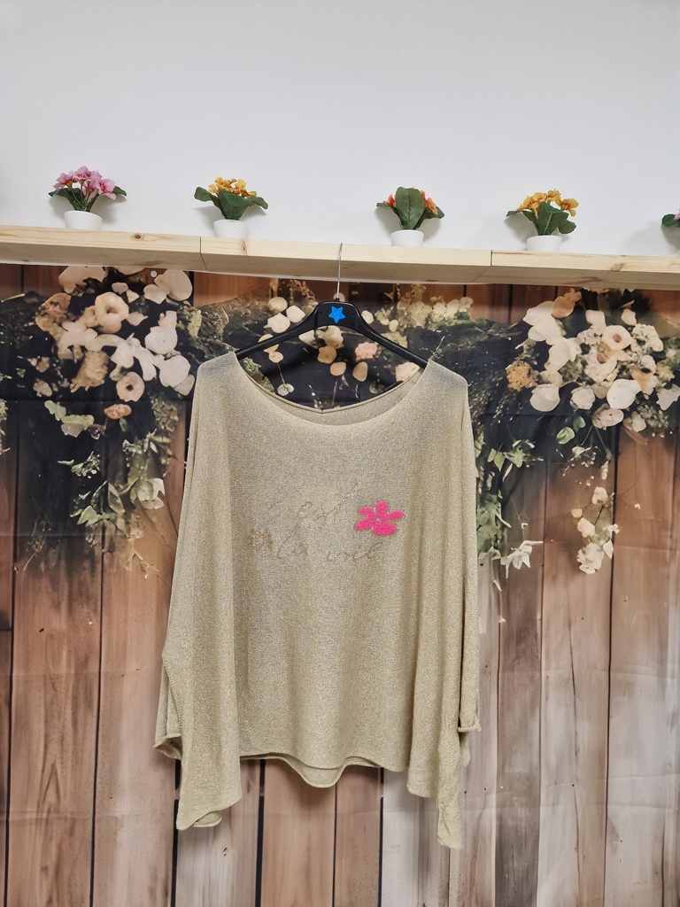Blouse poncho pailletée "C'est la vie" 2 fleurs rose