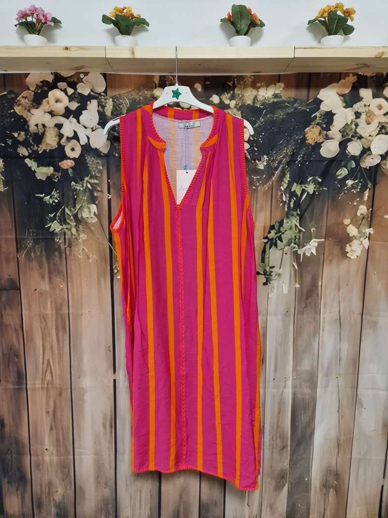 Robe lignée "Beetie" 2 poches fuschia/orange