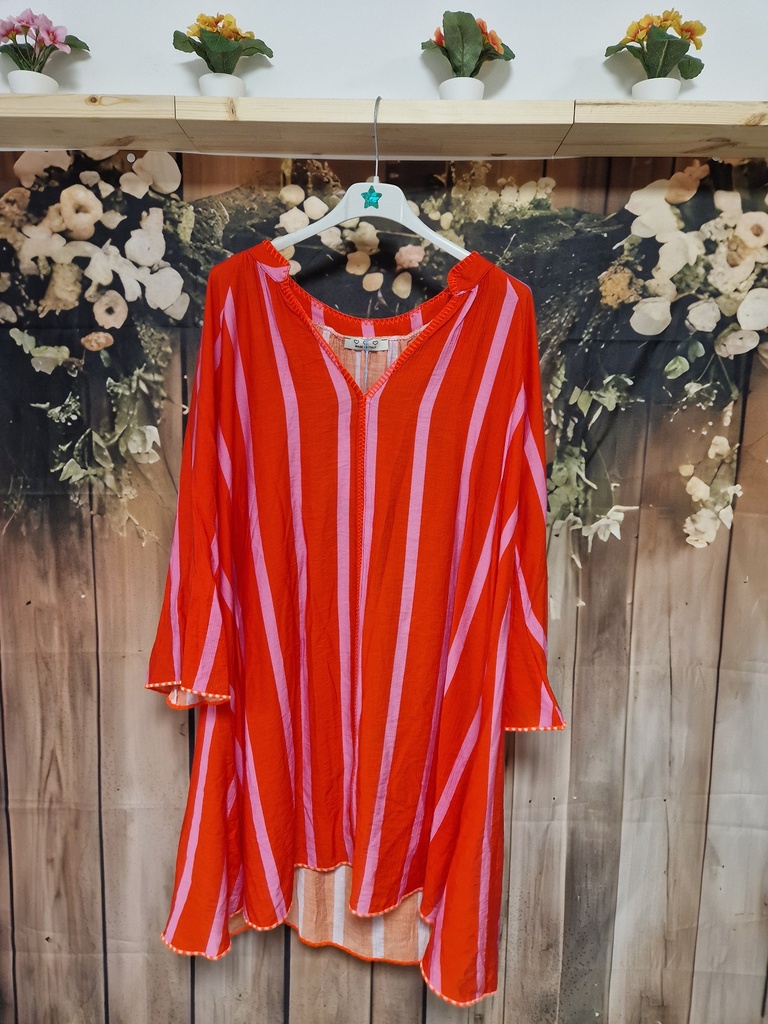 Robe courte lignée "Beetie" avec manches rouge-rose