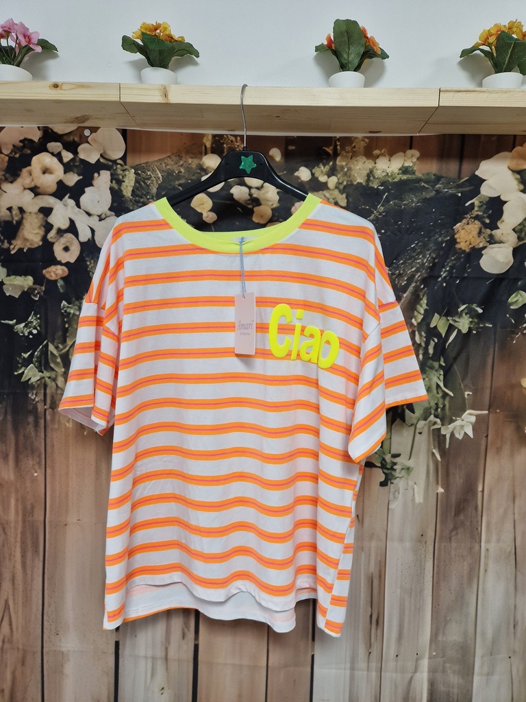 T-shirt "Ciao" ligné blanc-orange