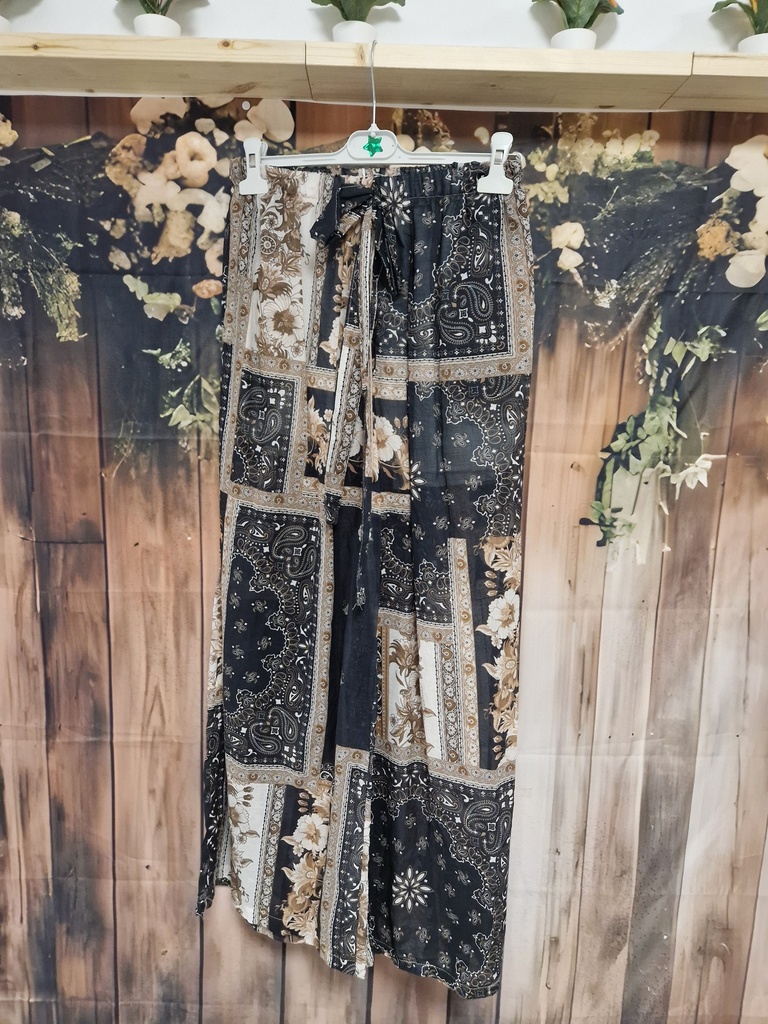 Pantalon noir bandana fleuri tons bruns