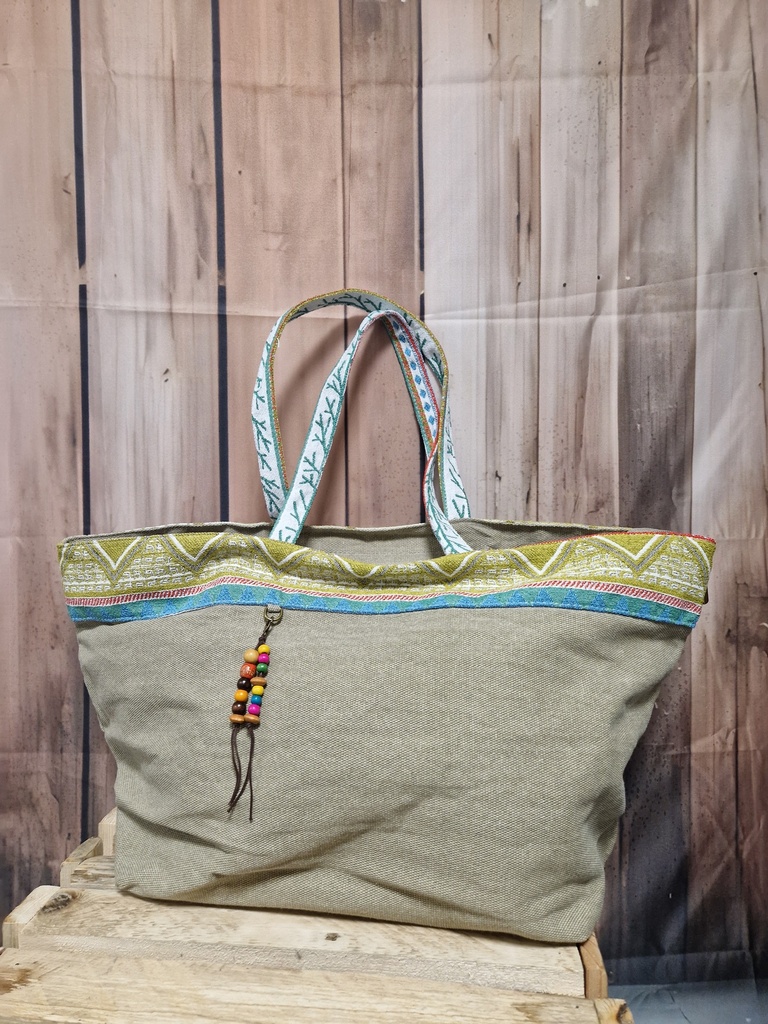 Grand sac uni liseré à motifs kaki chiné