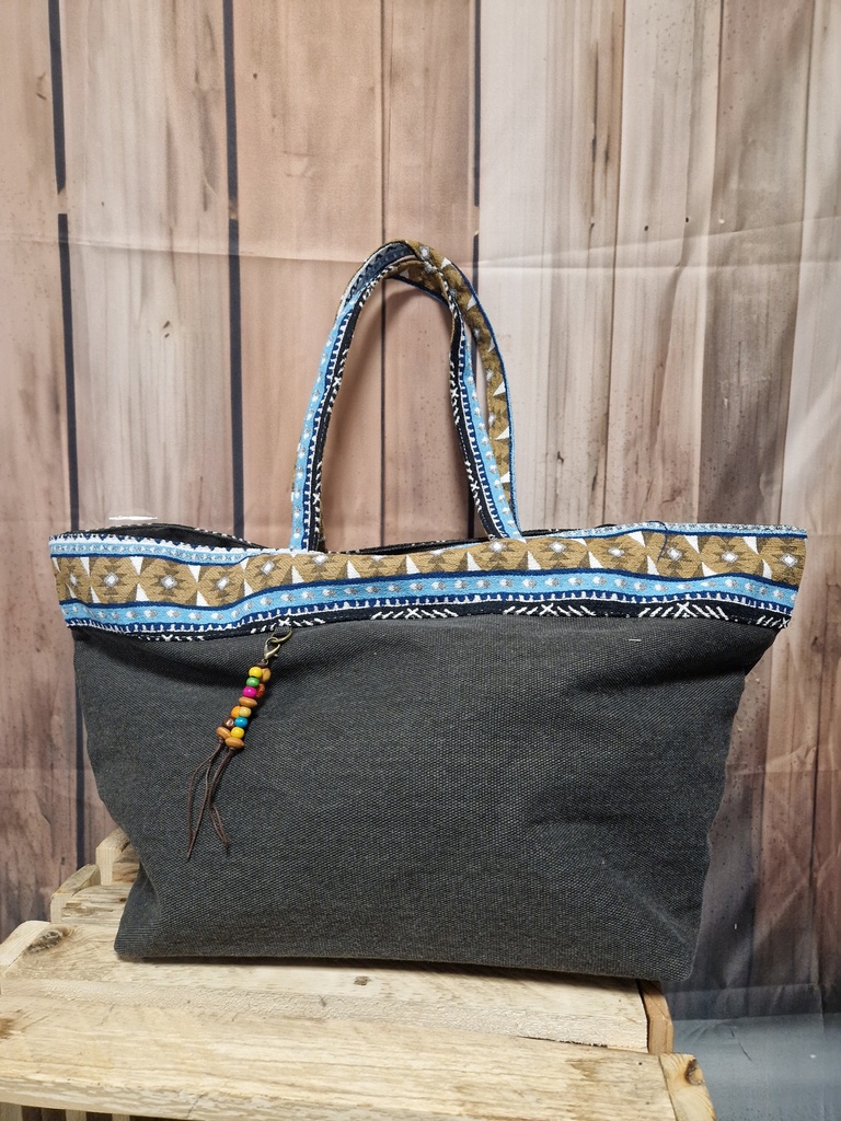 Grand sac uni liseré à motifs noir chiné