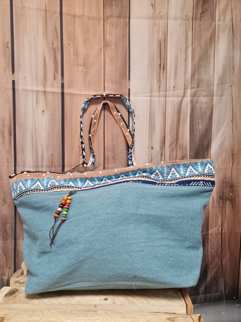 Grand sac uni liseré à motifs turquoise chiné