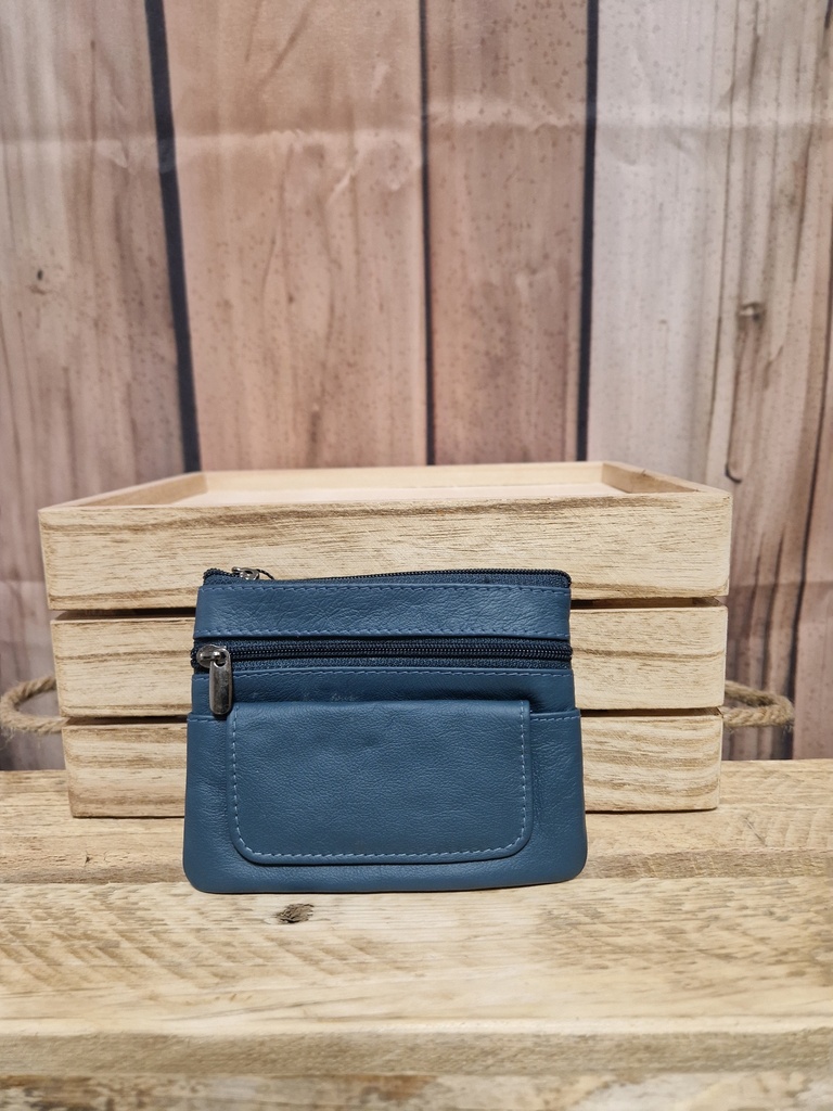 Pochette cuir "Puggy" 2 tirettes et poches bleu