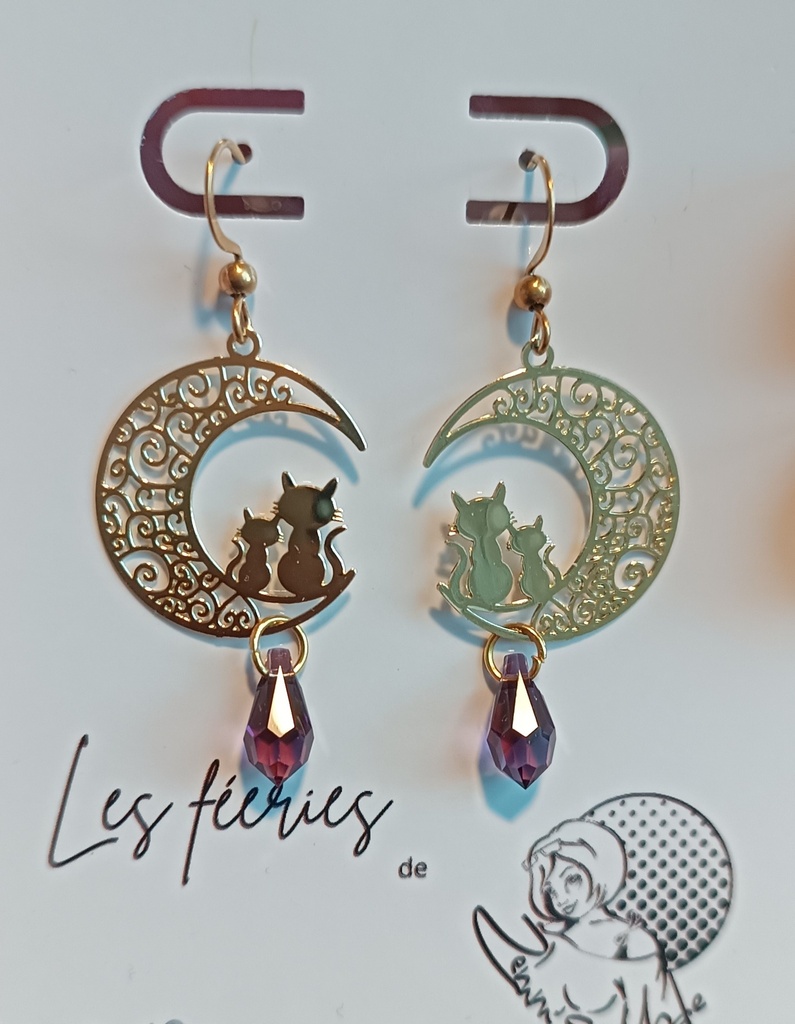 Boucles d'oreilles dorées chats Mom&Son gouttes Amethyst