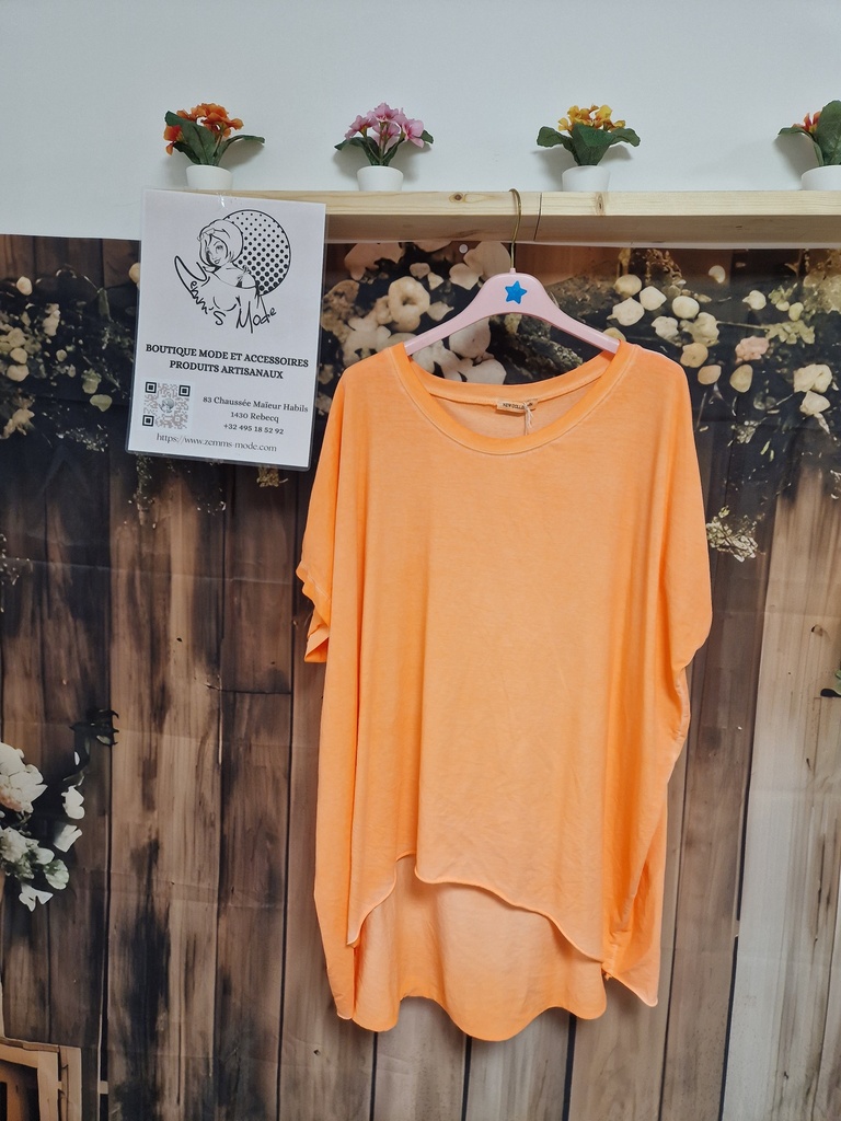 T-shirt délavé asymétrique Orange fluo