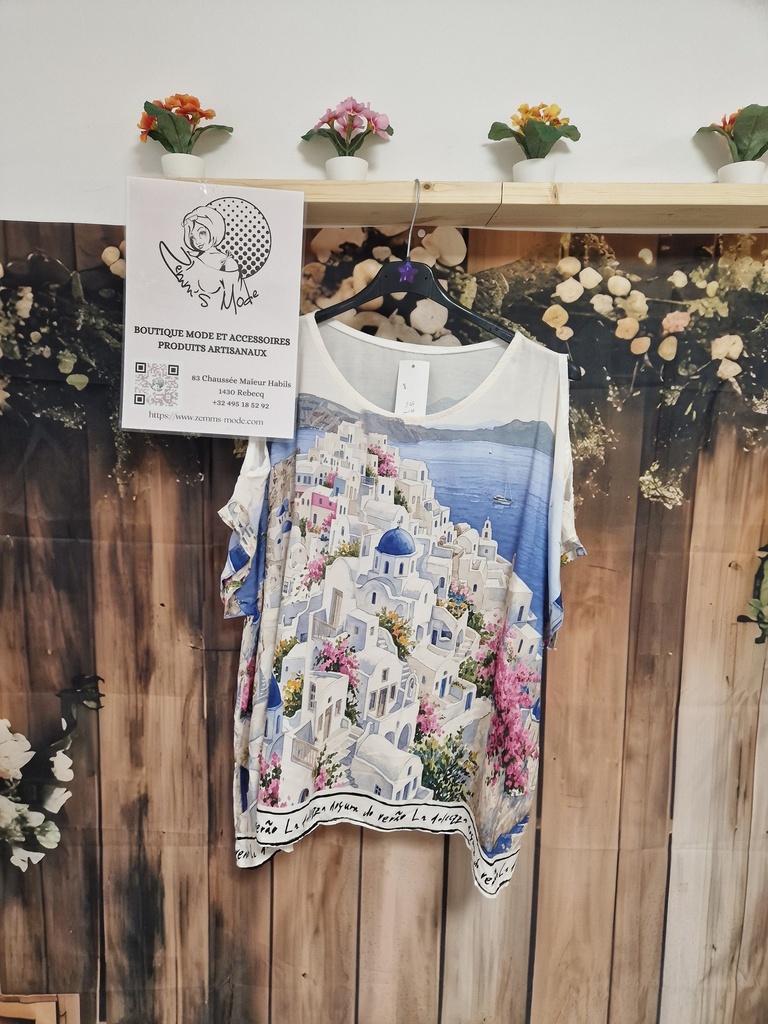 Blouse paysage épaules dénudées bleue roi