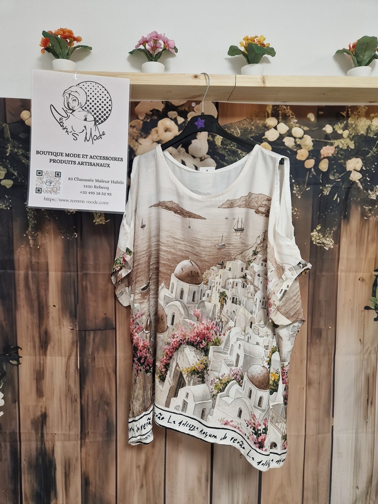 Blouse paysage épaules dénudées beige