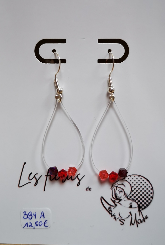 Boucles d'oreilles argentées fils et toupies 4mm tons Rouge