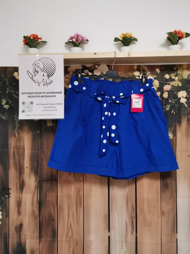 Short "Magique" bleu roi ceinture à pois