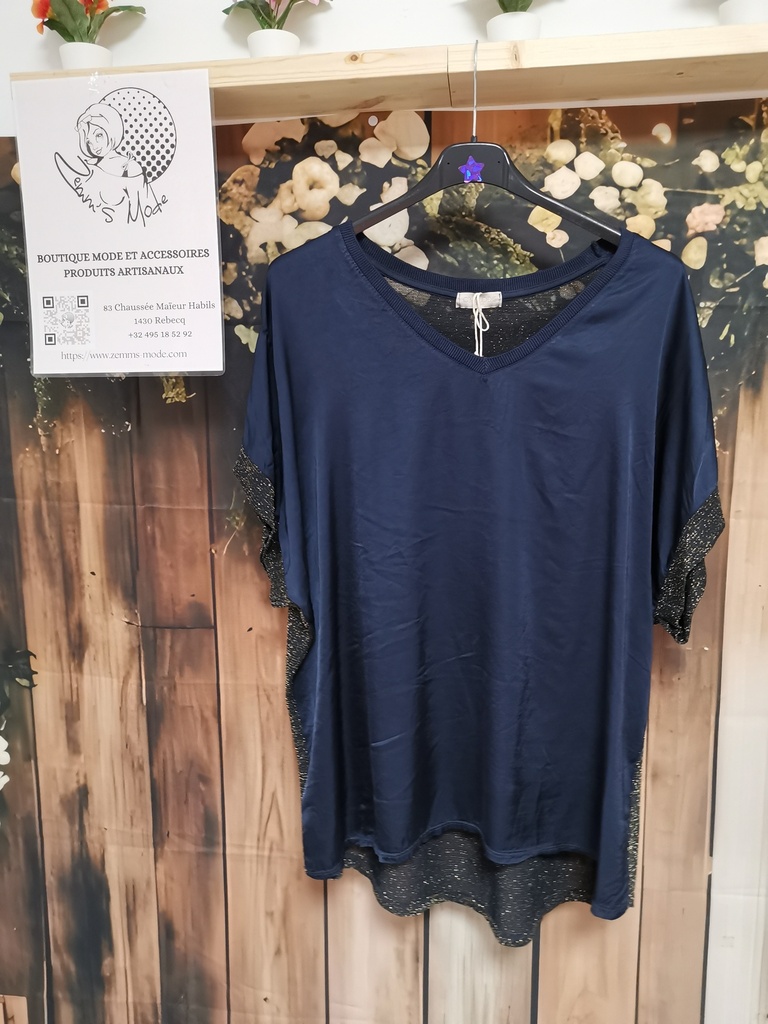 Blouse satinée-paillettée marine