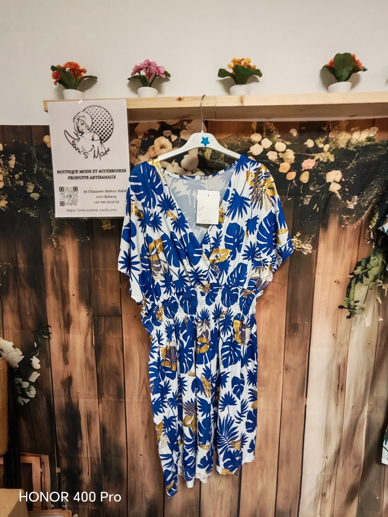 Robe magique courte "Monstera" bleu roi