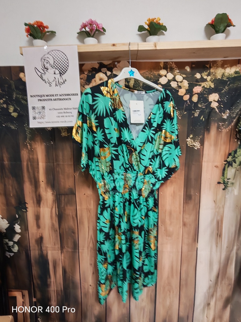 Robe magique courte "Monstera" vert eau