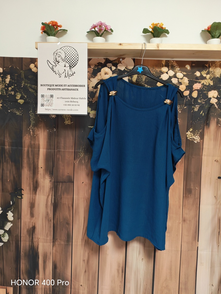 Blouse "Eloisa" bleue canard épaules dénudées