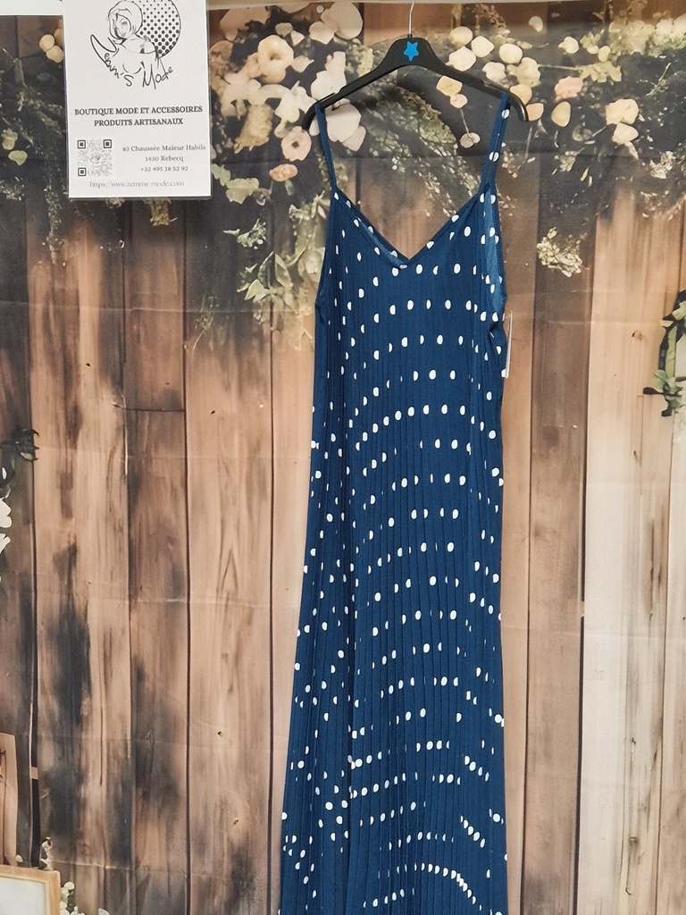 Robe longue plissée bleu canard à pois