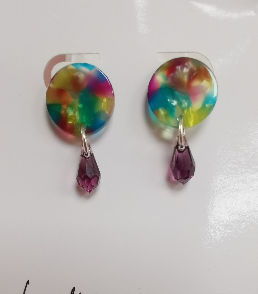 Clous d'oreilles ronds écailles de tortue turquoise/fuchsia gouttes Amethyst