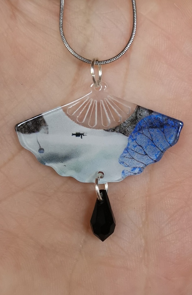 Collier argenté éventail Mer encre de Chine goutte Jet
