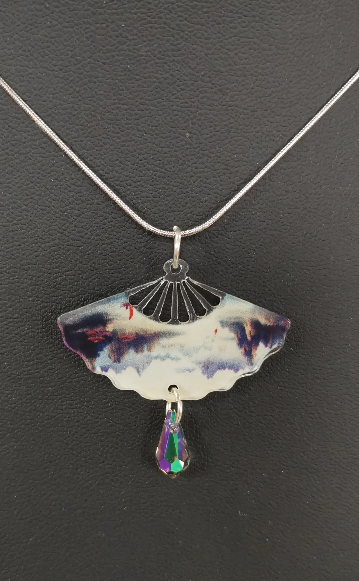Collier argenté éventail Paysage encre de Chine goutte Paradise Shine