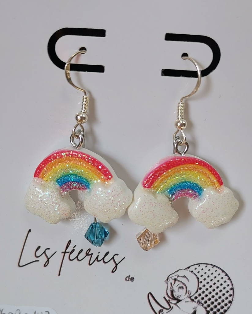 Boucles d'oreilles argentées Arc-En-Ciel toupies Crystal Caramel et Demin Blue