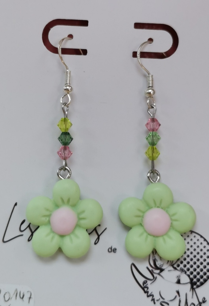Boucles d'oreilles argentées Marguerites vertes et roses toupies Rose & Mix verts