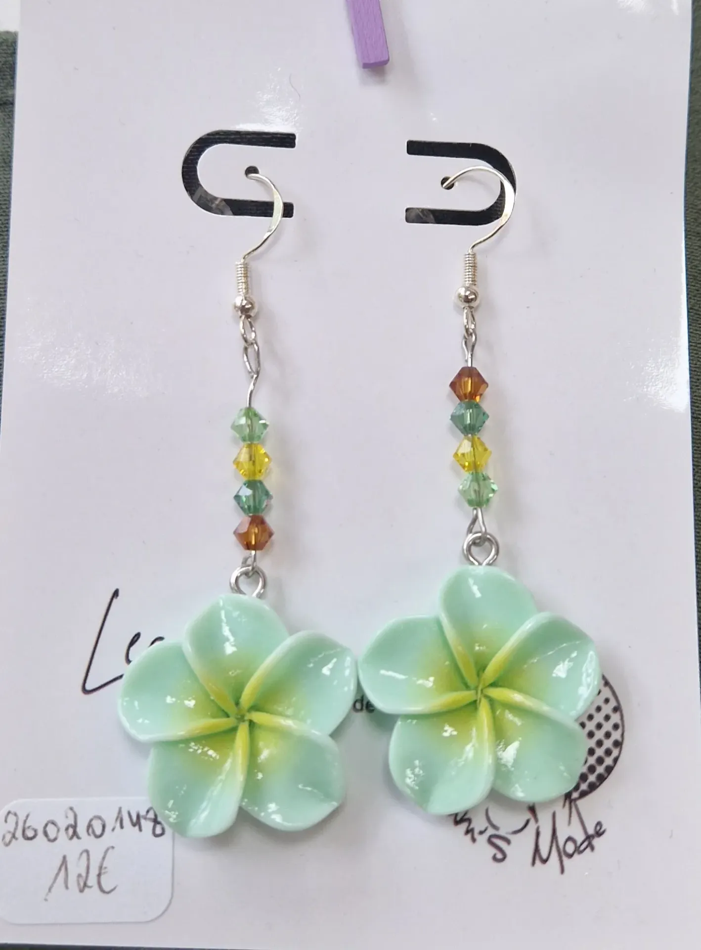 Boucles d'oreilles Plumerias vertes toupies tons Pop & Vert