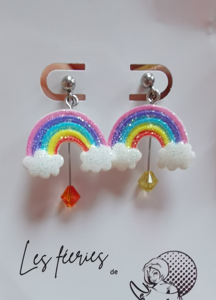 Boucles d'oreilles argentées Arc-En-Ciel toupies FireOpal & Reinvented Dark Jonquil