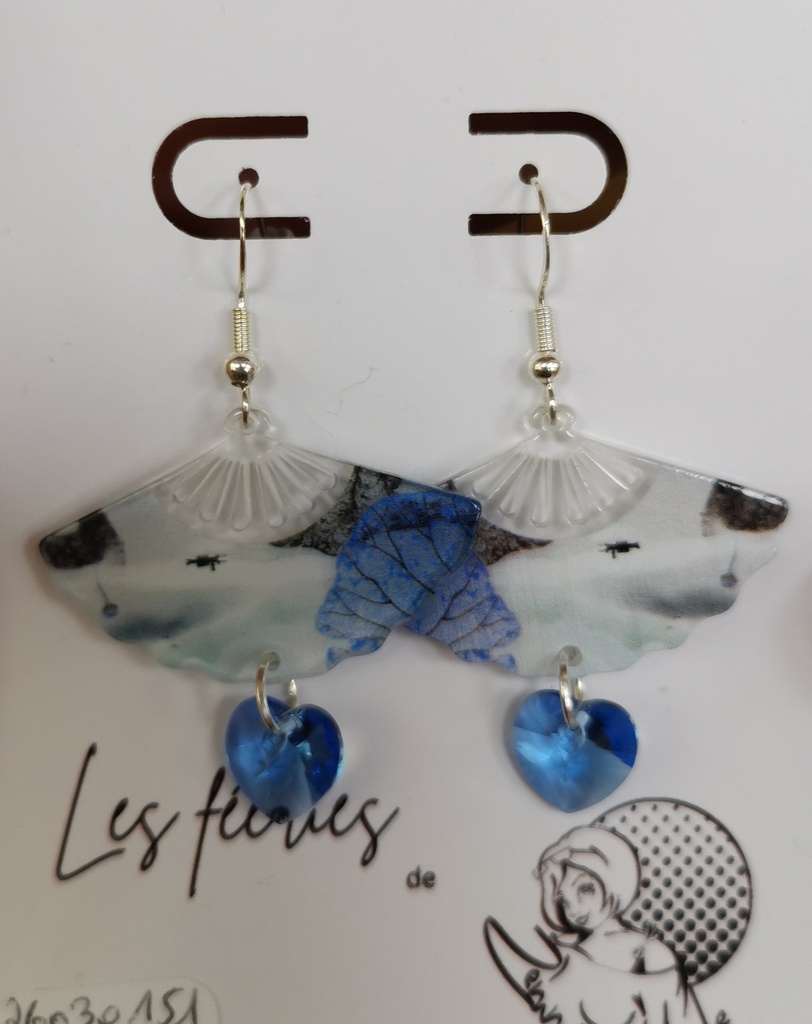 Boucles d'oreilles argentées Eventails Encre de Chine coeurs Reinvented Cool Blue