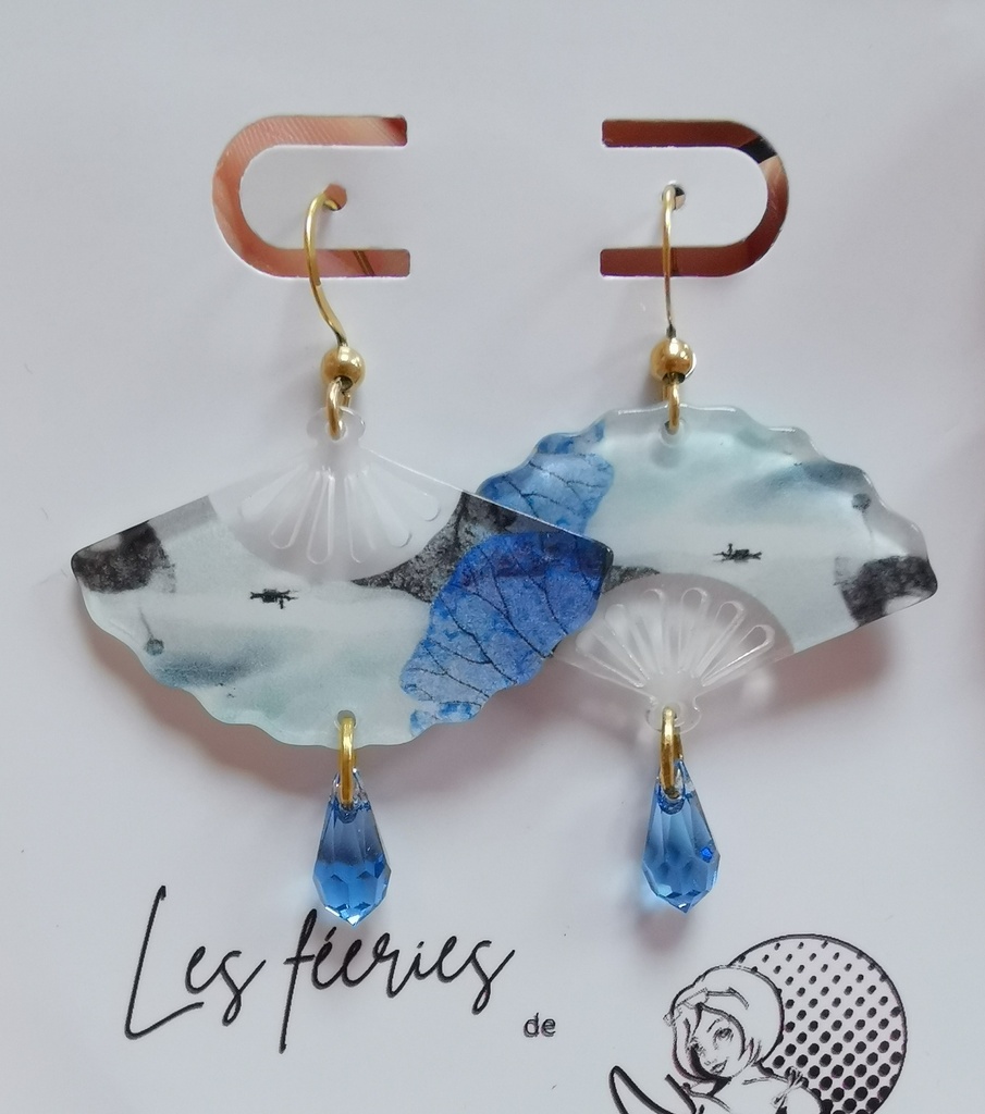 Boucles d'oreilles dorées Eventails Encre de Chine gouttes Reinvented Cool Blue