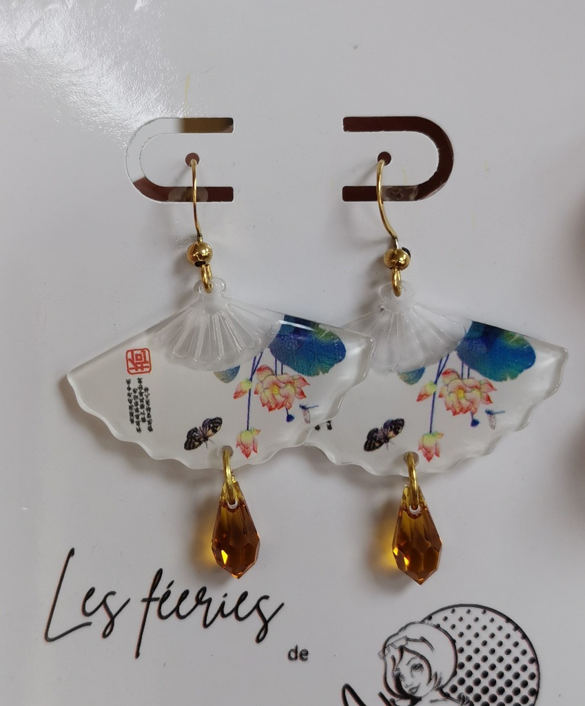 Boucles d'oreilles dorées Eventails Lotus gouttes Topaz