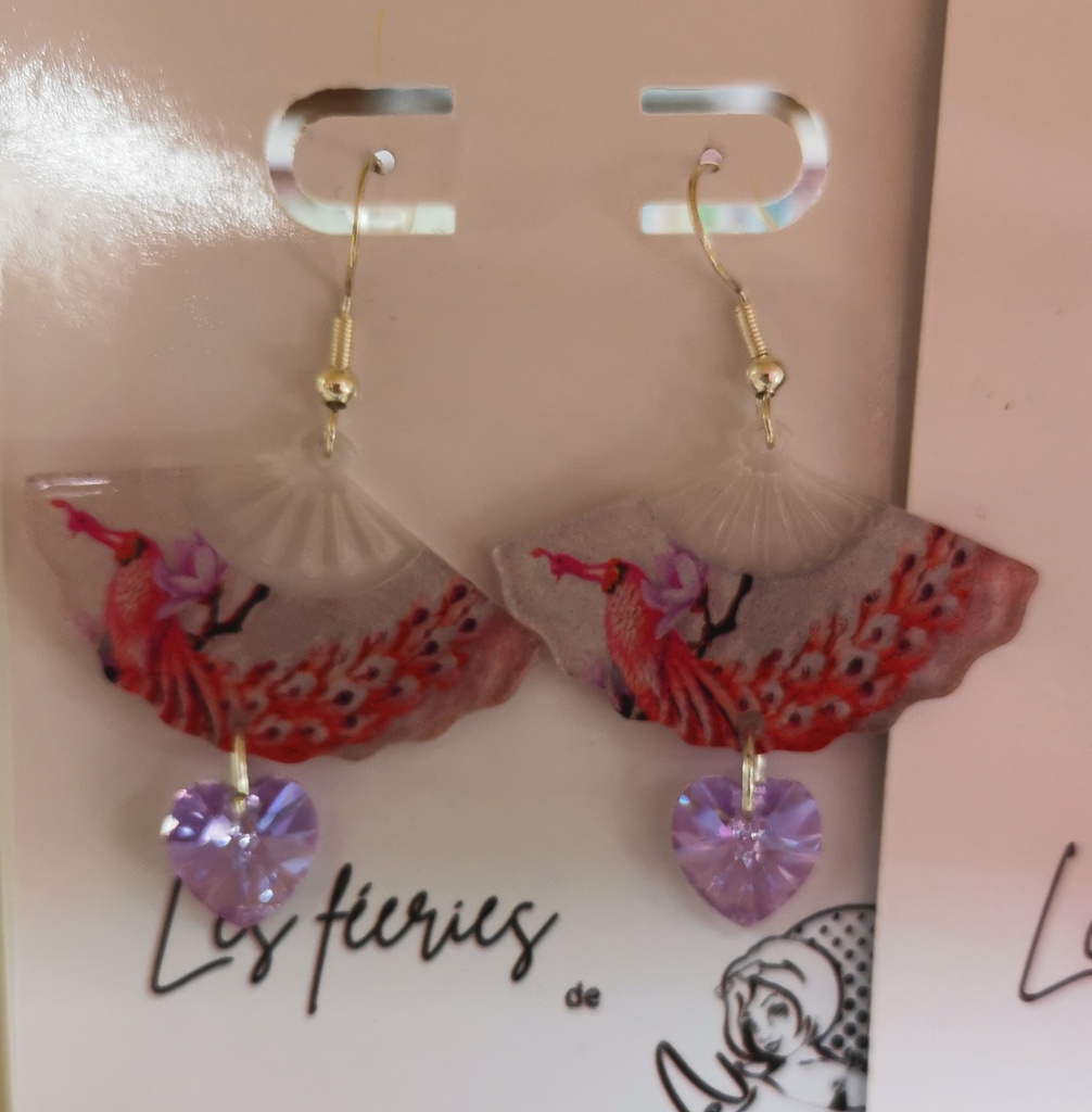Boucles d'oreilles argentées Eventails Paons coeurs Violet AB