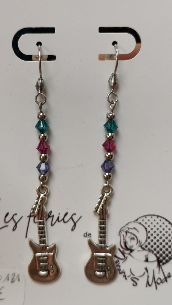 Boucles d'oreilles argentées Guitares toupies Iris, fuchsia & Blue Zircon