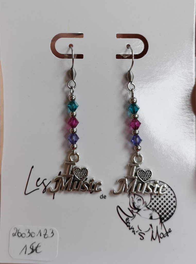 Boucles d'oreilles argentées "I love Music" toupies Iris, fuchsia & Blue Zircon