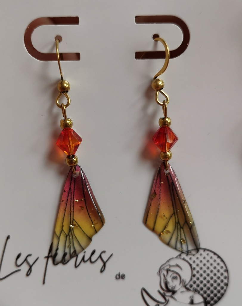 Boucles d'oreilles dorées ailes de libellules courtes toupies FireOpal