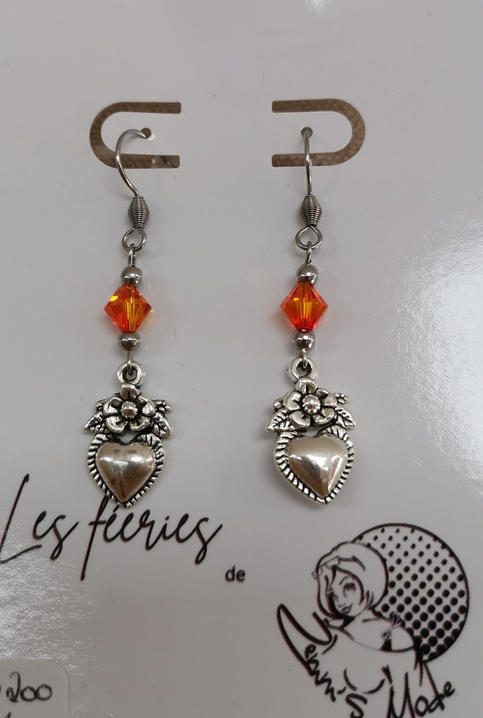Boucles d'oreilles argentées cœurs mexicains toupies FireOpal