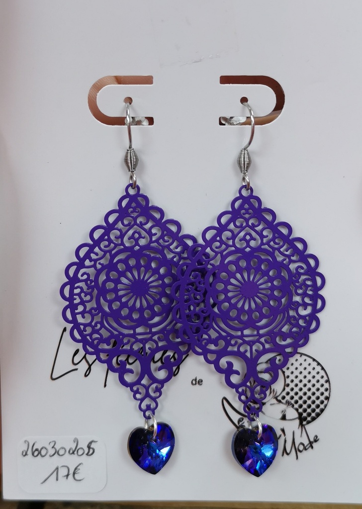 Boucles d'oreilles argentées baroque mauve cœurs Heliotrope