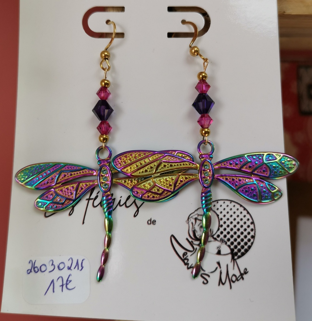 Boucles d'oreilles Libellules Arc-En-Ciel toupies Rose & Purple Velvet