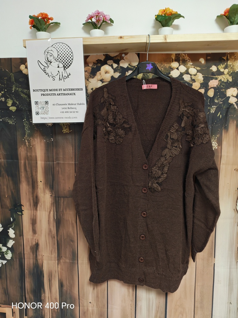 Gilet dentelle fleurie chocolat (TU 46-52) 